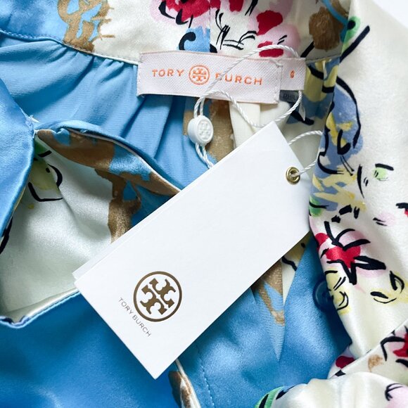 Tory Burch Printed Satin Bow Blouse Porcelain Floral Size 0 NEW NWT w/ flaws - Picture 8 of 15